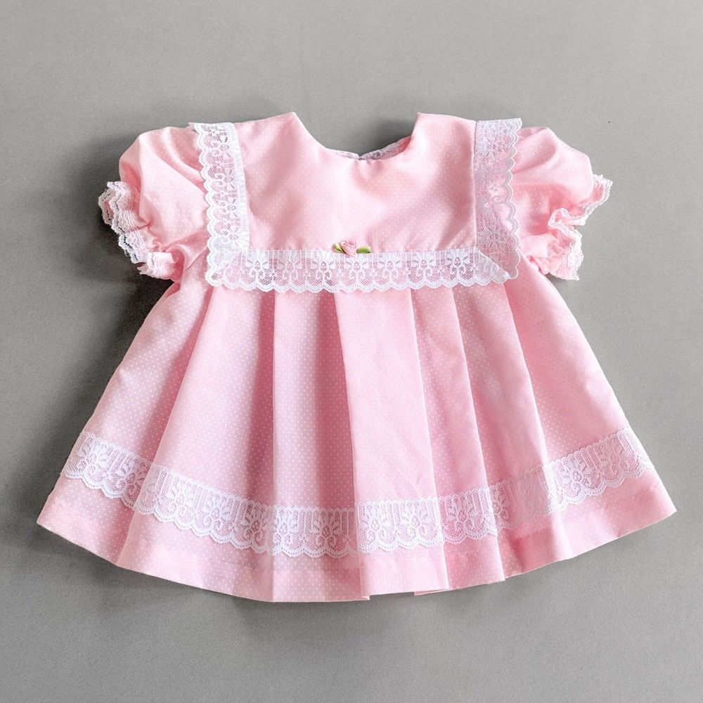 Vintage California Talk Pink Baby Dress Lace Polka Dot Puff Sleeve Girls 3-6 mos
